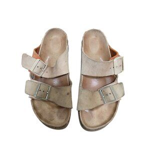 Birkenstock Arizona Beige/Brown Leather Cork Sole Double Strap Buckle Women's Si